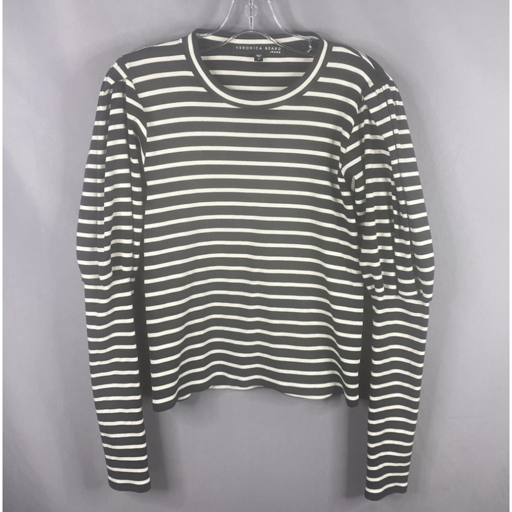 Veronica Beard Top Womens Medium Black White Striped Puff Sleeve Pullover